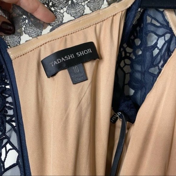 NWT Tadashi Shoji Navy Blue Nude Lace Off The Shoulder Maxi Dress Gown Size 10 - Picture 9 of 12